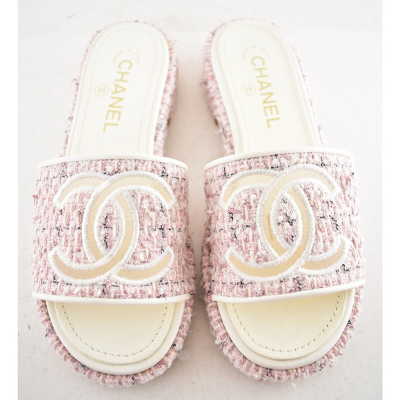 Chanel 20P Pink White Tweed Mesh CC Logo Slide Slip On Sandal Mule Heel Flat 36 - Picture 6 of 15